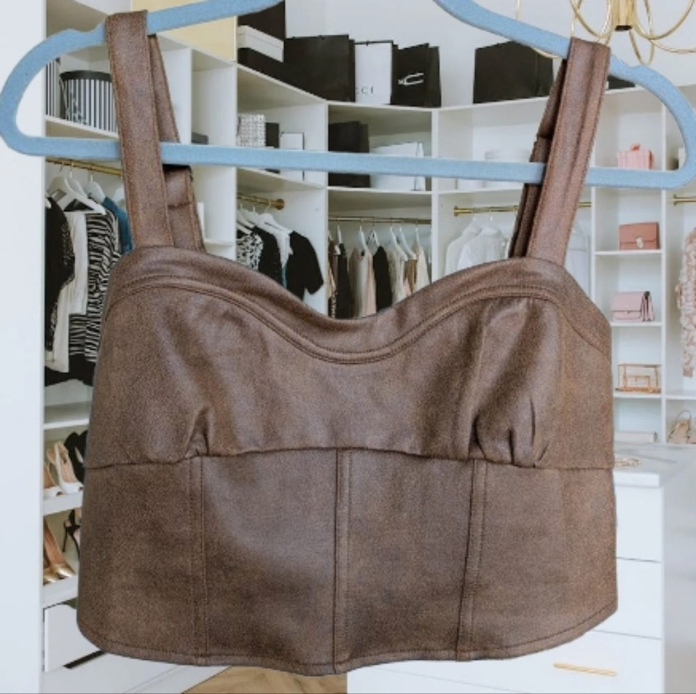 Promesa Corset Crop Top Women Large Chocolate Brown Faux Suede Leather Boho NWT